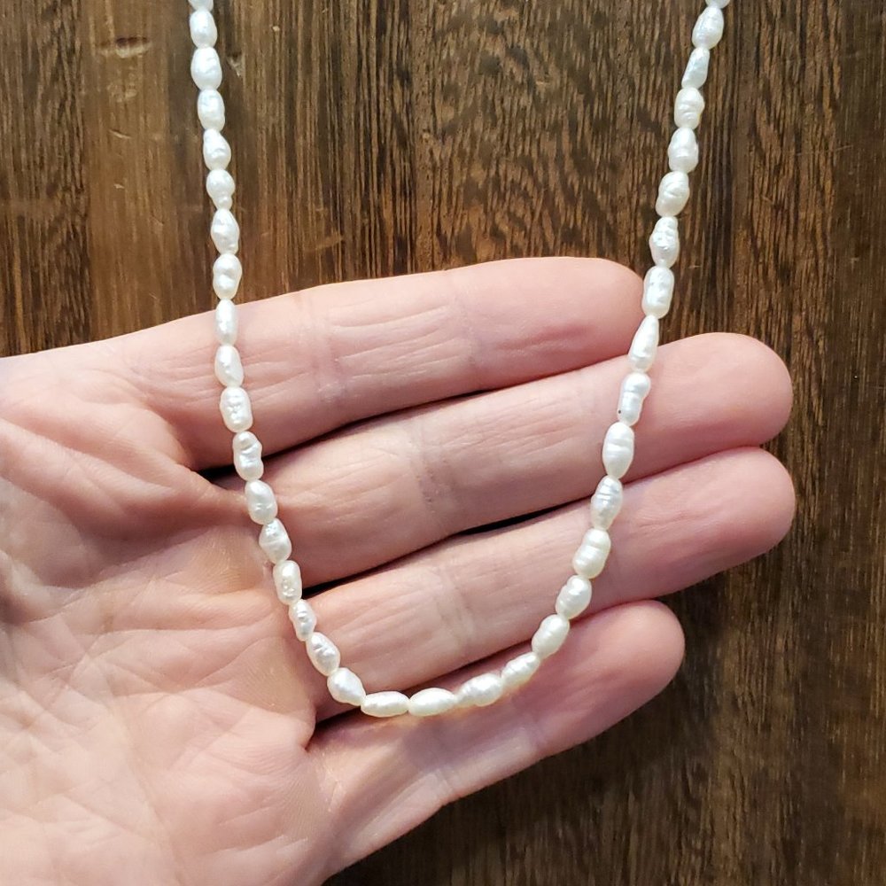 30 Inch 925 Sterling Silver White Rice Pearls Rustic Necklace